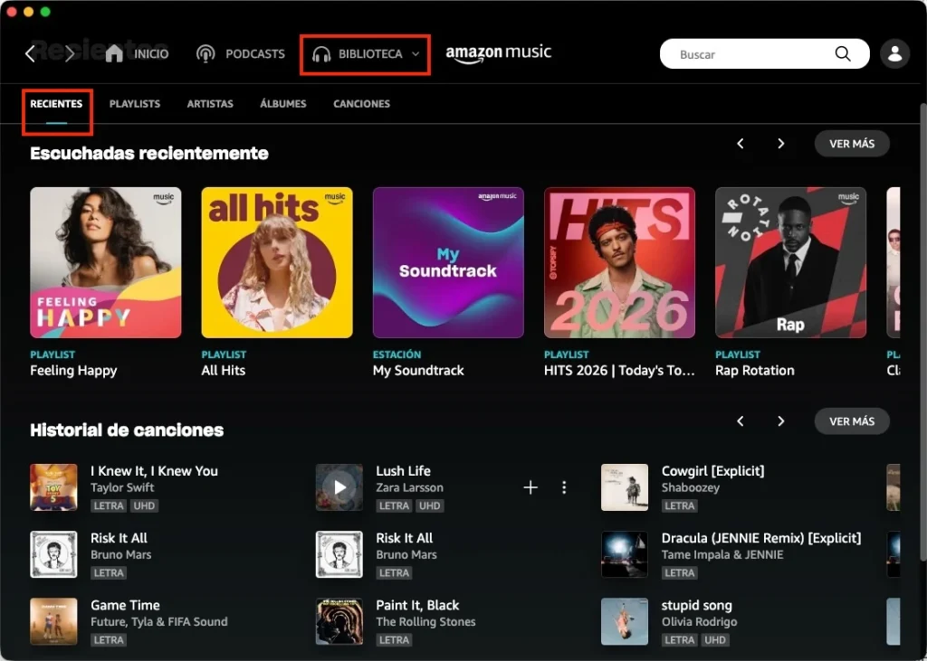 Buscar el historial de Amazon Music