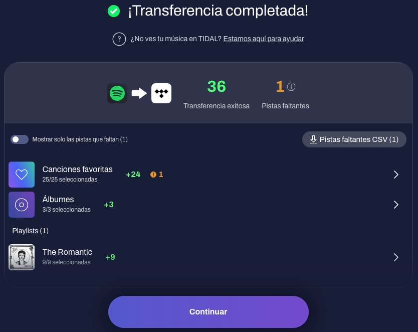 Transferencia de playlists completada