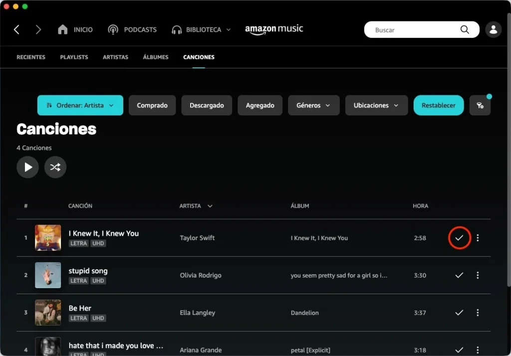 Eliminar una canción de la biblioteca de Amazon Music