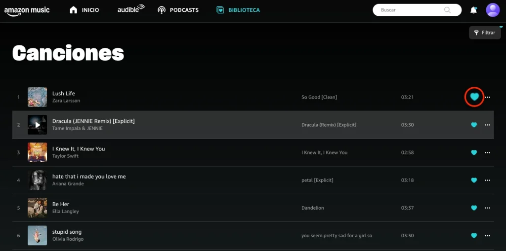 Eliminar una canción de la biblioteca de Amazon Music