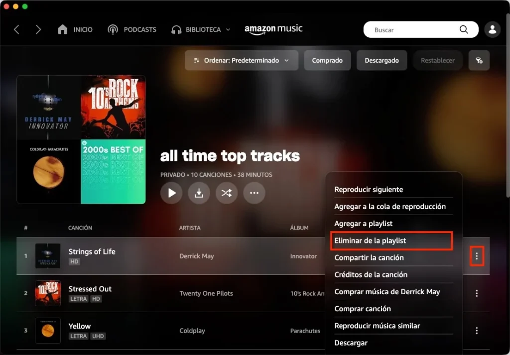 Eliminar una canción de una playlist de Amazon Music