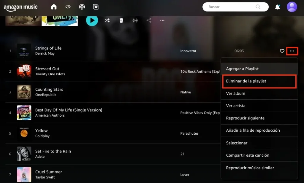 Eliminar una canción de una playlist de Amazon Music