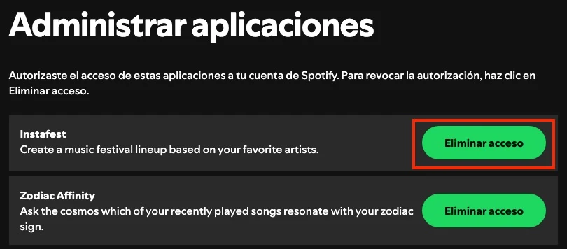 Eliminar el acceso de la app a Spotify