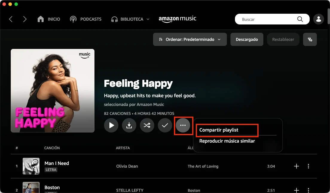 Compartir una playlist de Amazon Music en el PC