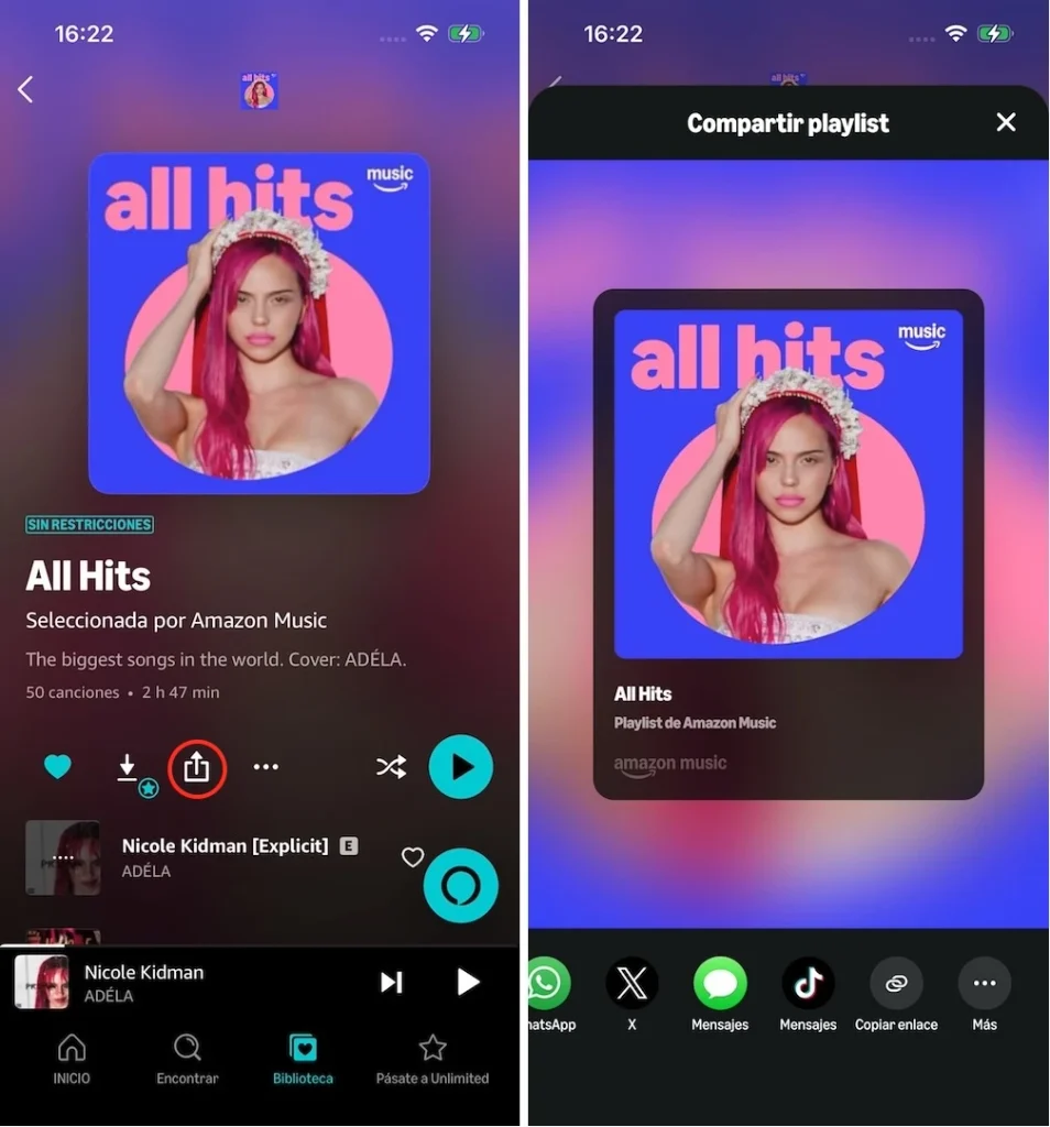 Compartir una playlist de Amazon Music en el móvil