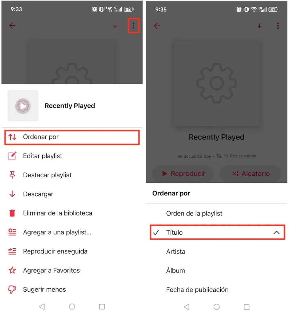 Ordenar una playlist de Apple Music en Android