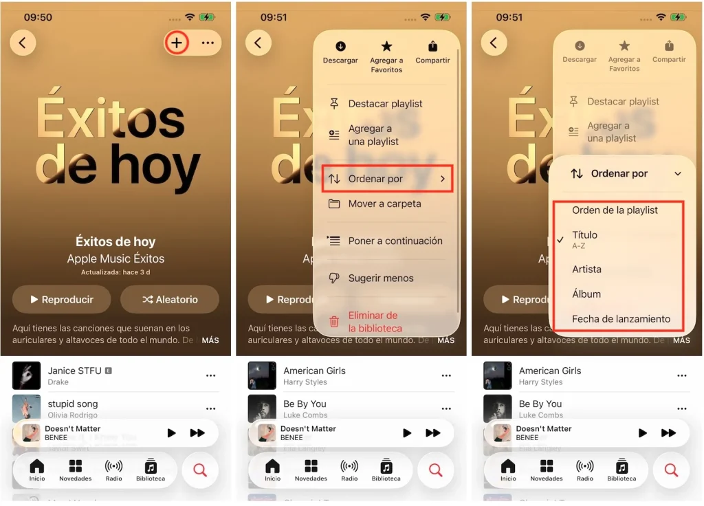 Ordenar una playlist de Apple Music en iOS