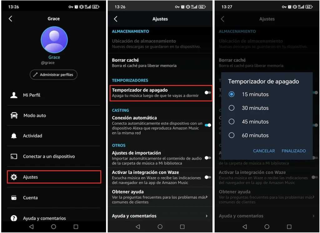 Temporizador de apagado de Amazon Music para Android