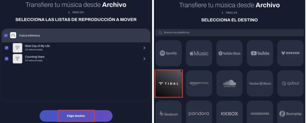 Elegir Tidal como destino