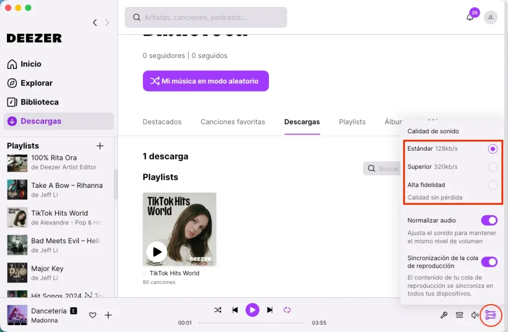 Calidad de la música de Deezer en la versión de escritorio