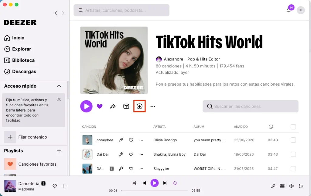 Descargar una playlist en la versión de escritorio de Deezer
