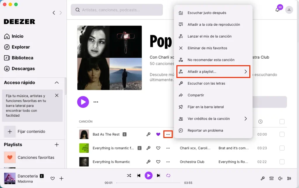 Añadir una canción a una playlist en la versión de escritorio de Deezer