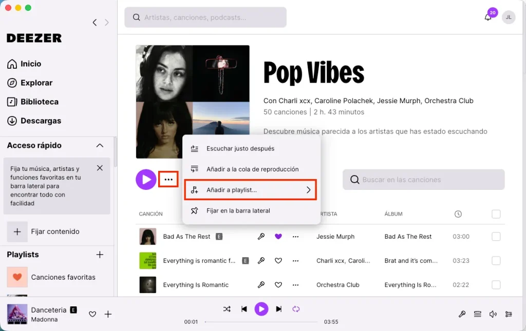 Guardar una playlist en la versión de escritorio de Deezer