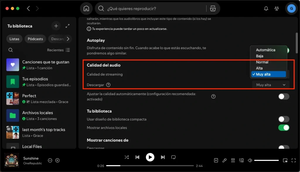 Calidad multimedia de Spotify en el escritorio