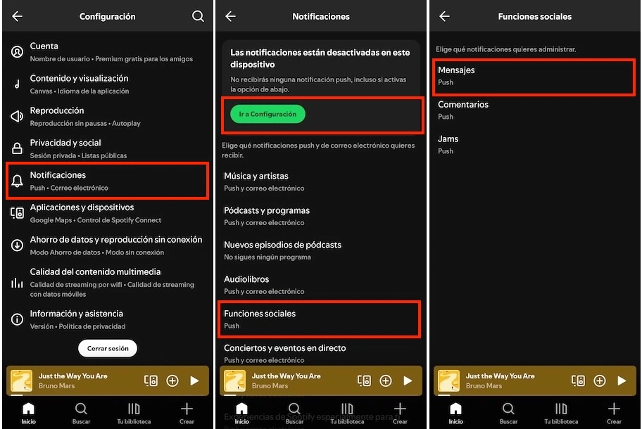 Notificación de mensajes de Spotify