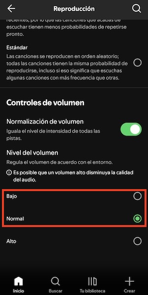 Nivel de volumen de Spotify