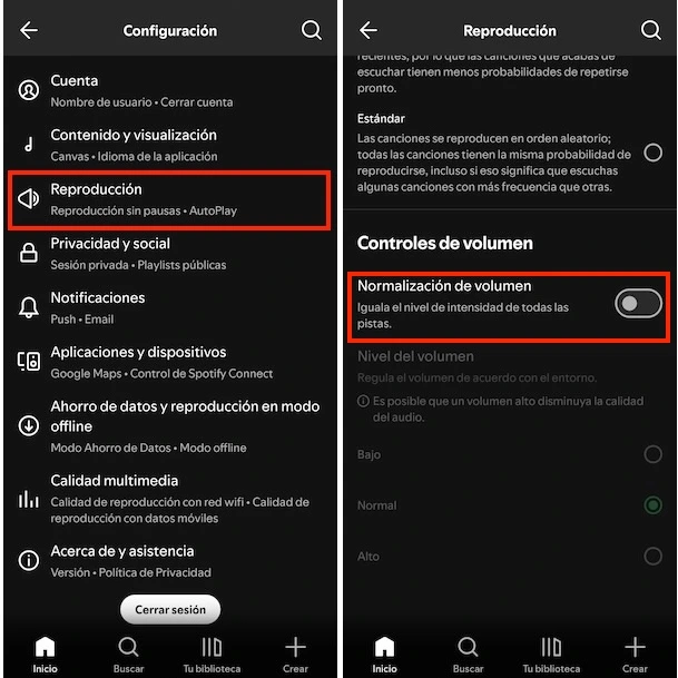Normalización del volumen de Spotify