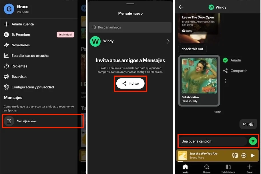 enviar mensaje de Spotify