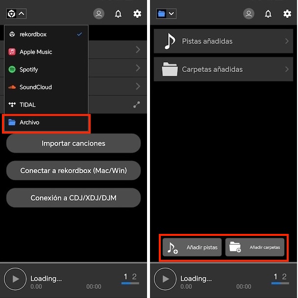 A&ntilde;adir m&uacute;sica a rekordbox mobile