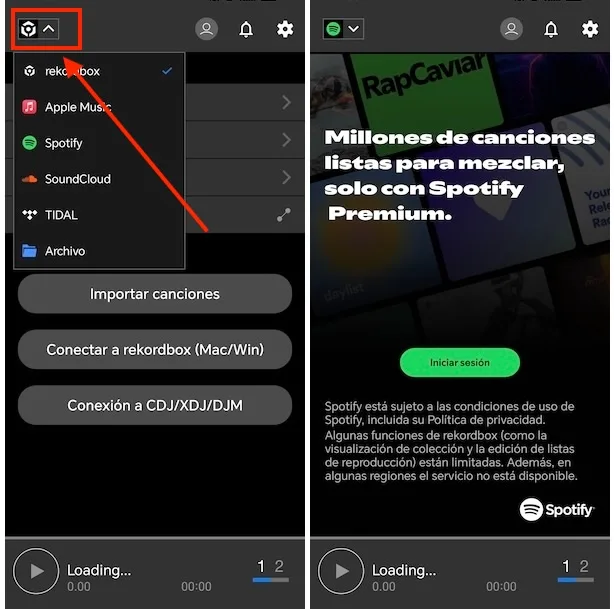 Inicie sesi&oacute;n en Spotify en Rekordbox