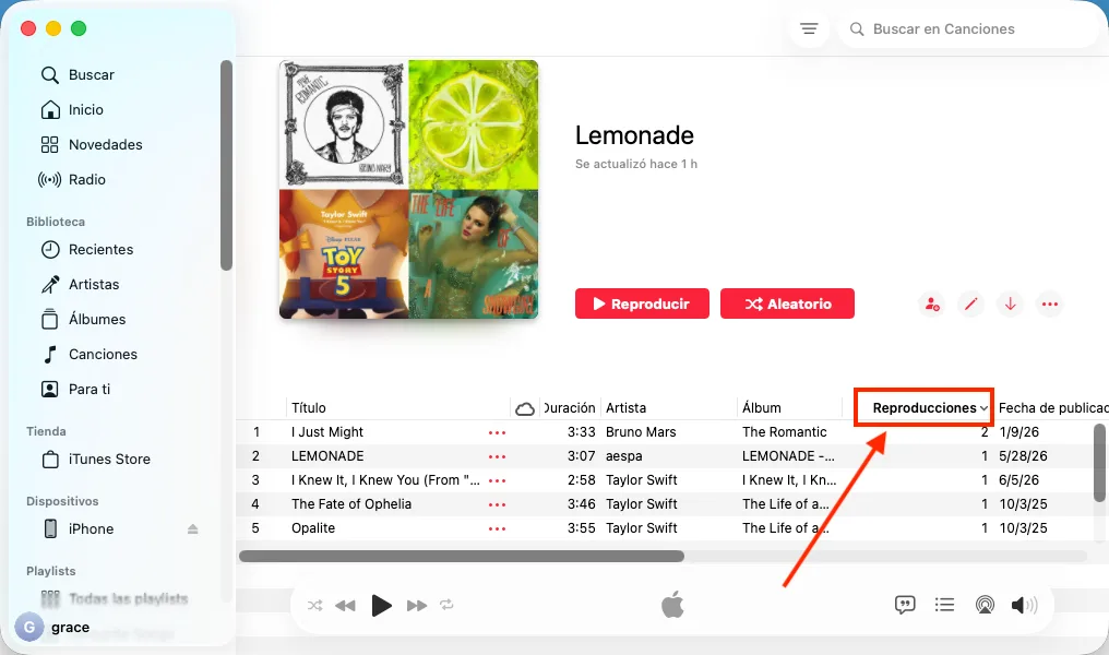 Reproducción de Apple Music en una playlist