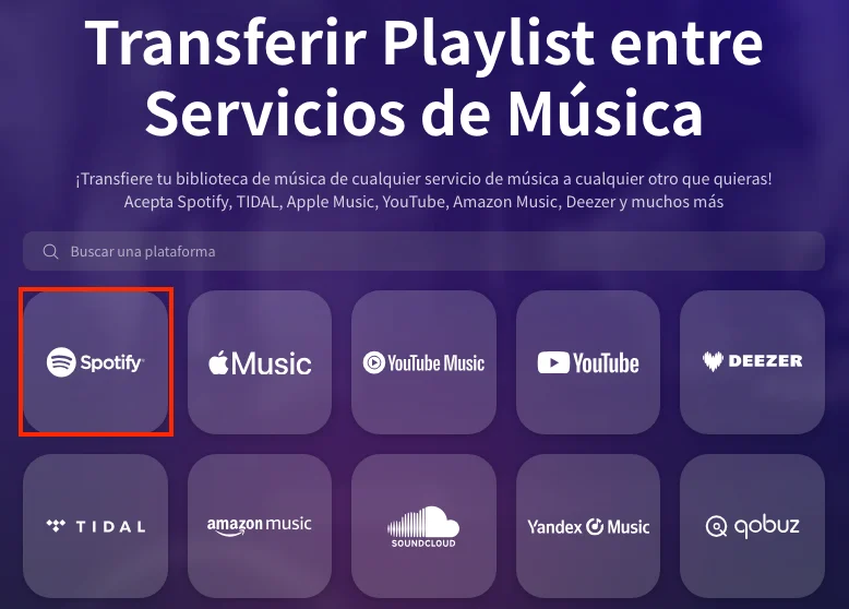 Selecciona Spotify como fuente de transferencia de playlists en TuneMyMusic