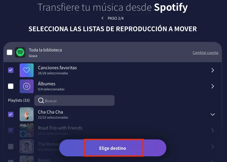 Selecciona las playlists de Spotify que deseas transferir