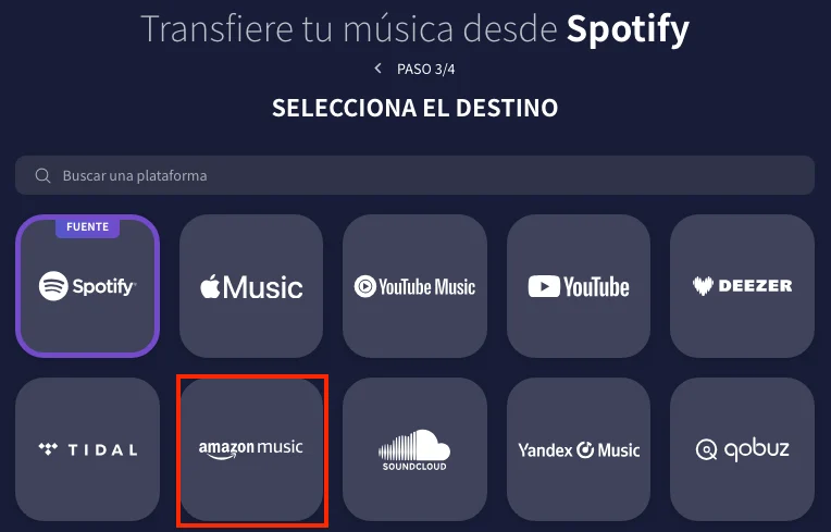 Selecciona Amazon Music como destino de transferencia de playlists