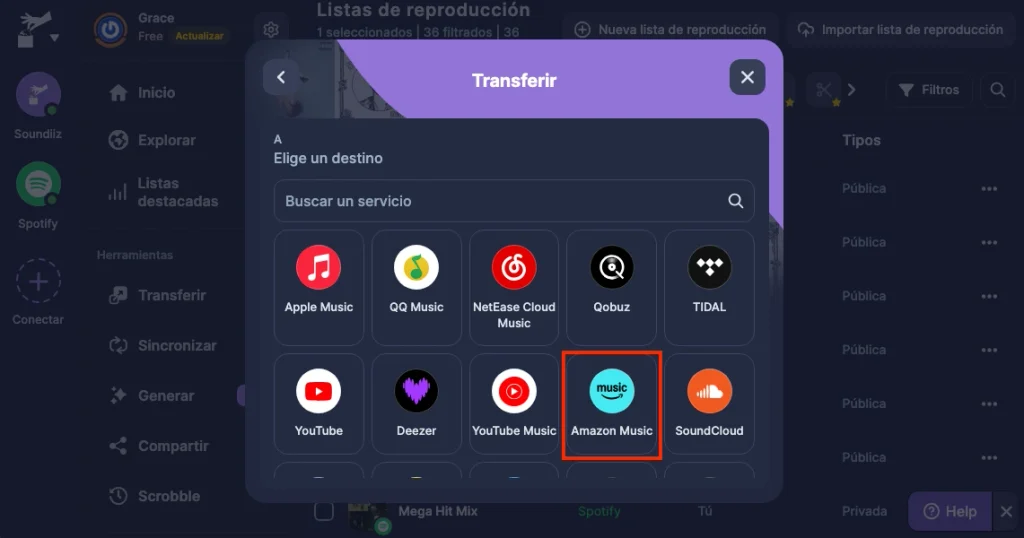 Soundiiz：Selecciona Amazon Music como destino de la transferencia