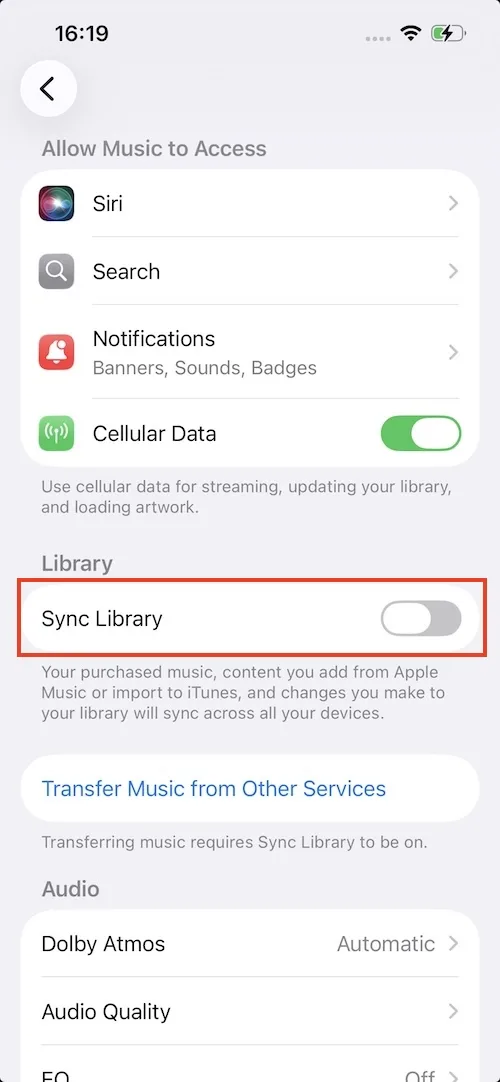 Turn off Sync Library on iPhone