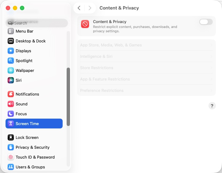Turn off Content & Privacy Restrictions on Mac