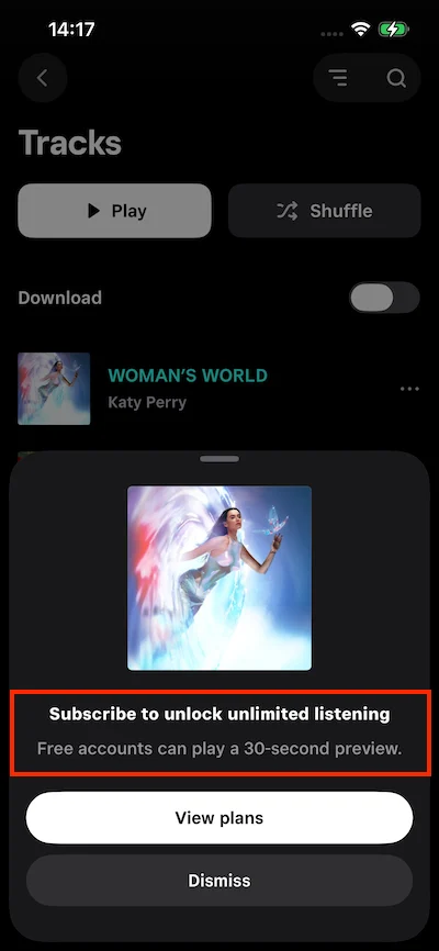 Tidal free plays 30-second preview