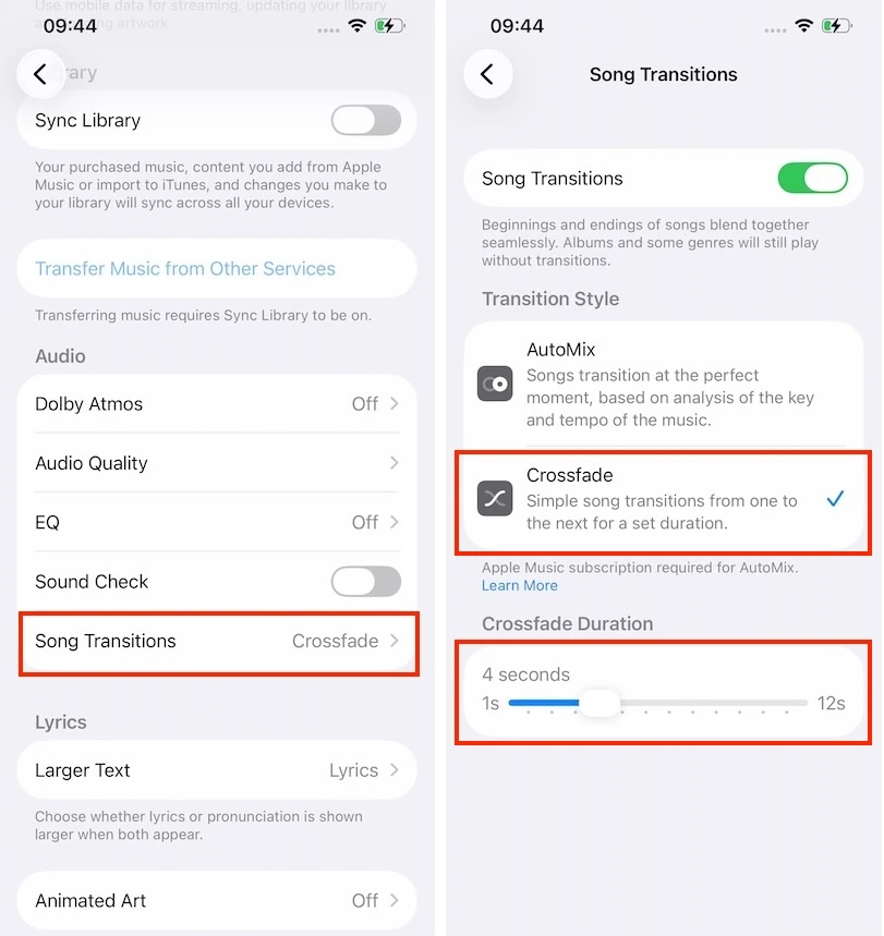 Apple Music crossfade iPhone
