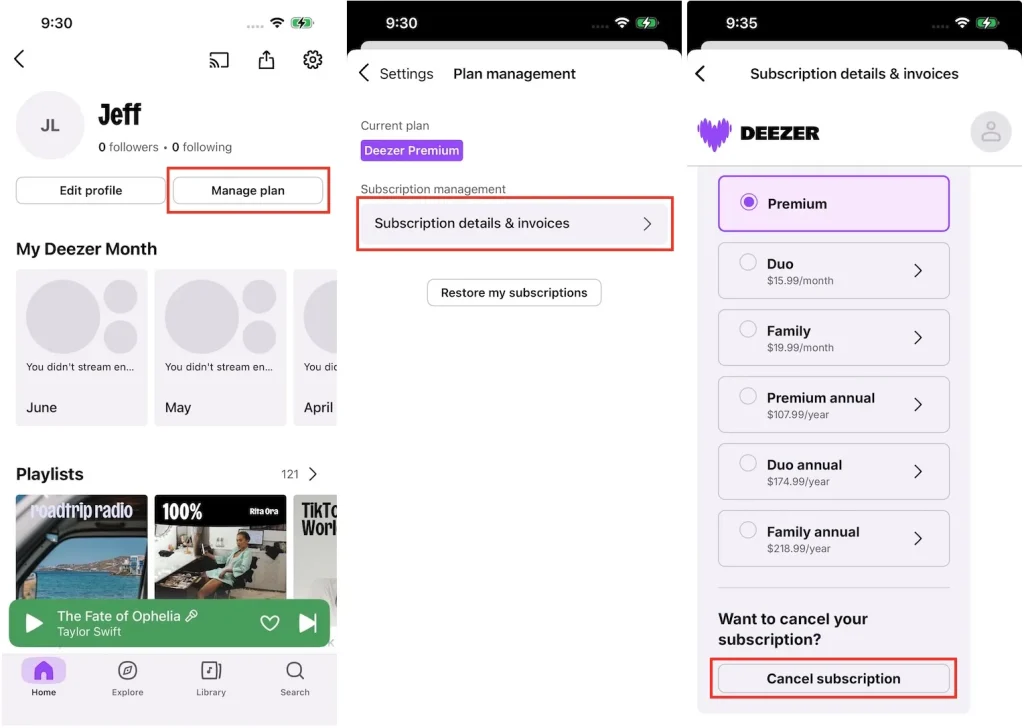 Cancel Deezer subscription on mobile