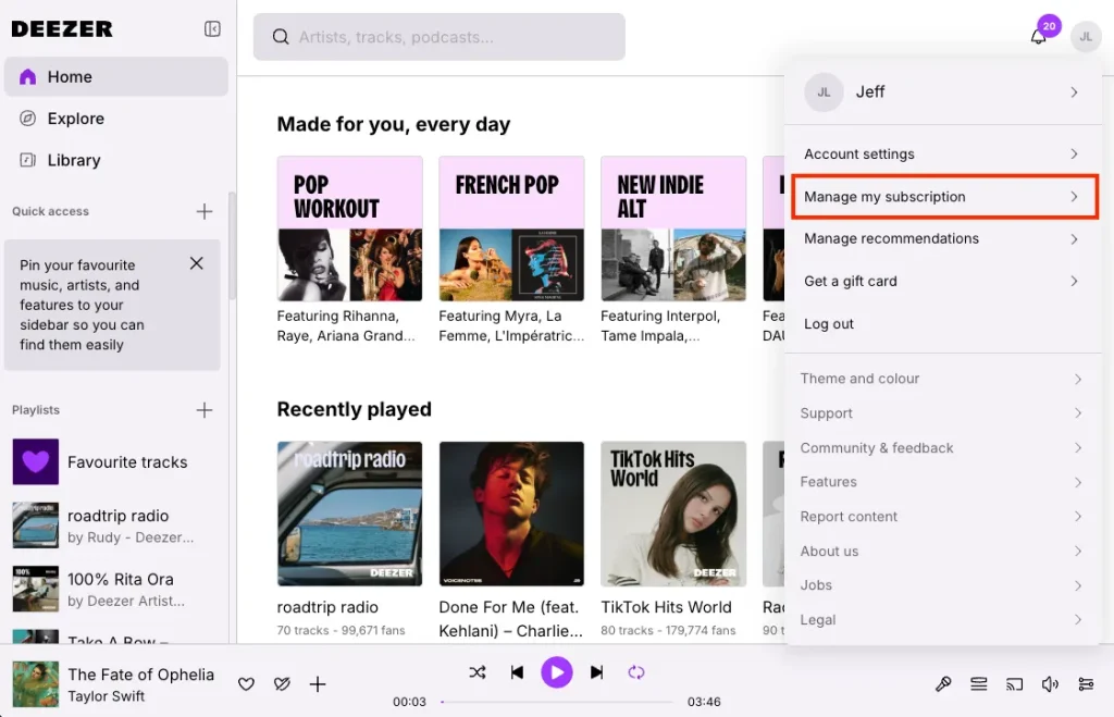 Cancel Deezer subscription on desktop