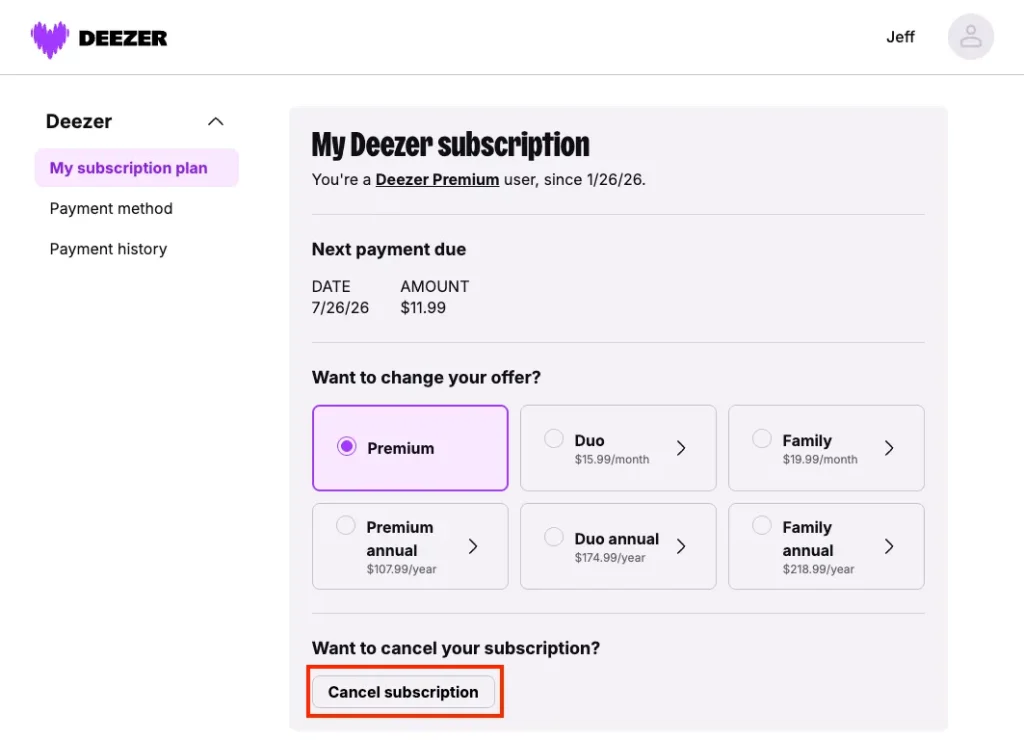 Cancel Deezer subscription on desktop