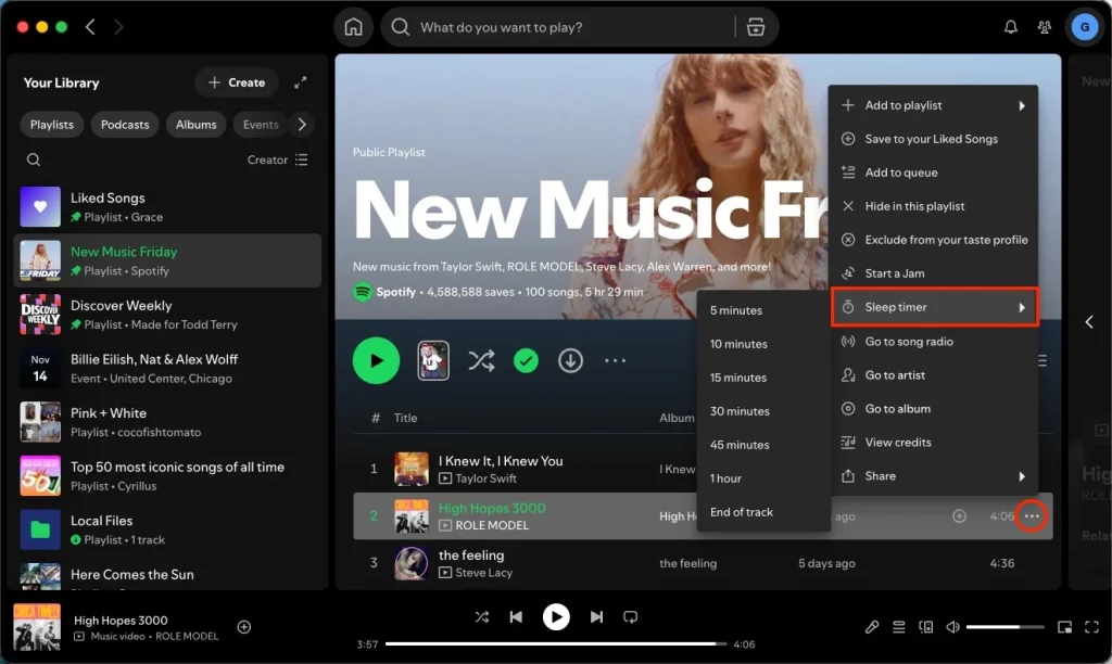 Spotify desktop Sleep Timer for music