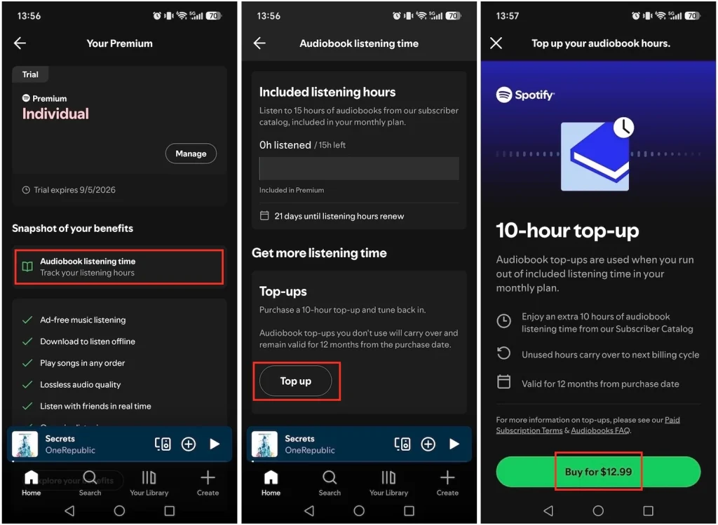 Spotify audiobook top up hours