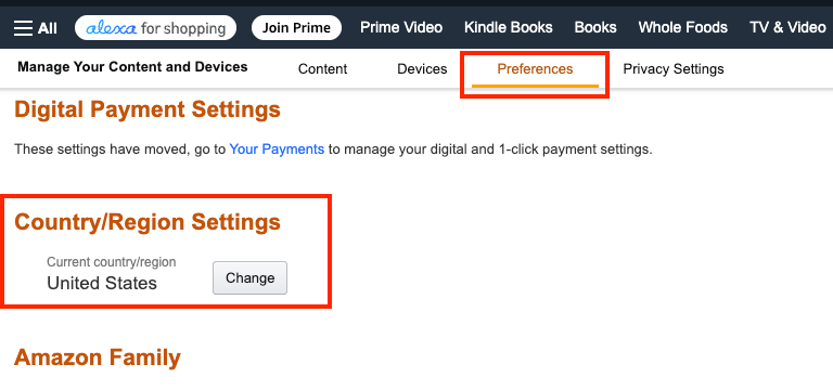 Change Amazon country/region