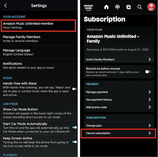 Cancel Amazon Music Android