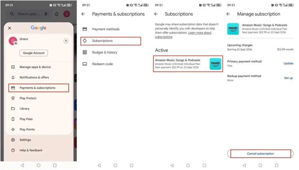 Cancel Amazon Music from Play Store