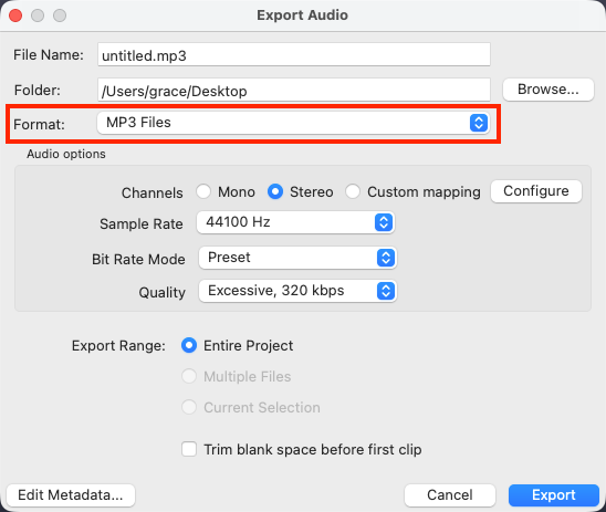 Export recorded music to MP3