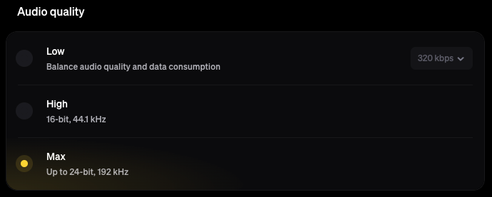 Tidal audio quality settings