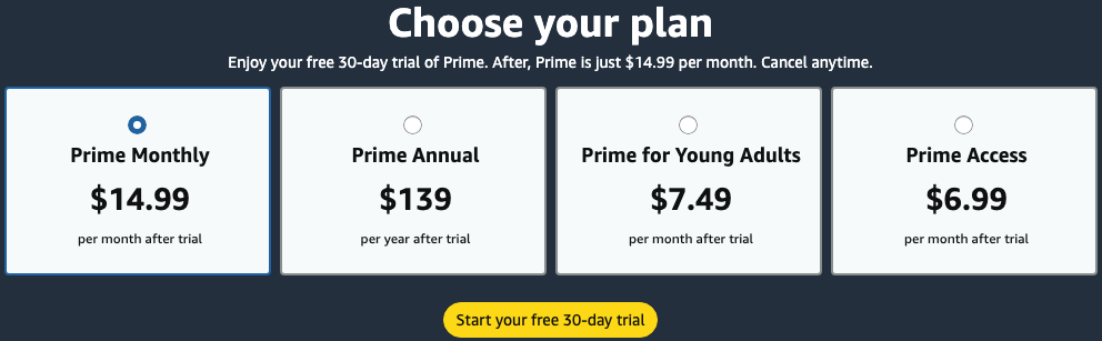 Amazon Prime prices