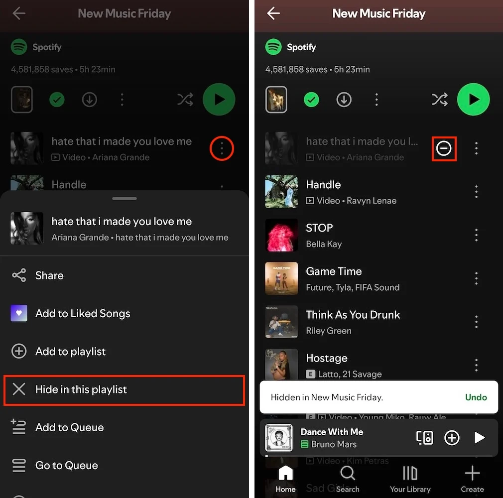Hide and Unhide a Song Spotify mobile