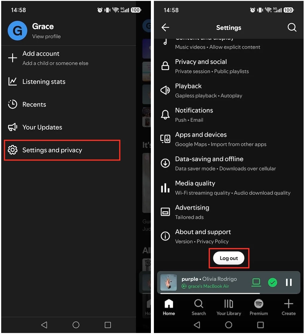 log out of Spotify mobile app