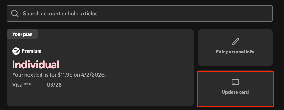 Update payment card Spotify