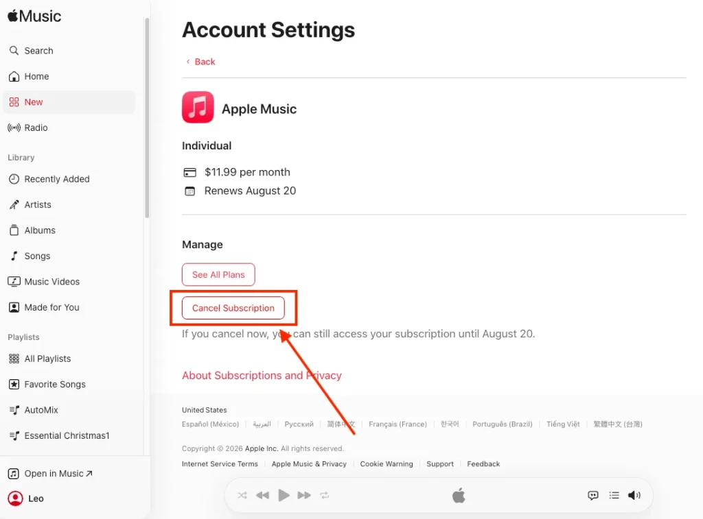 ウェブでApple Musicを解約する