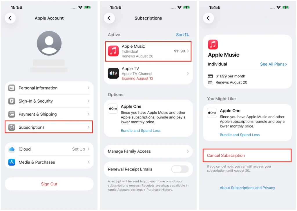 Cancel Apple Music iPhone Settings