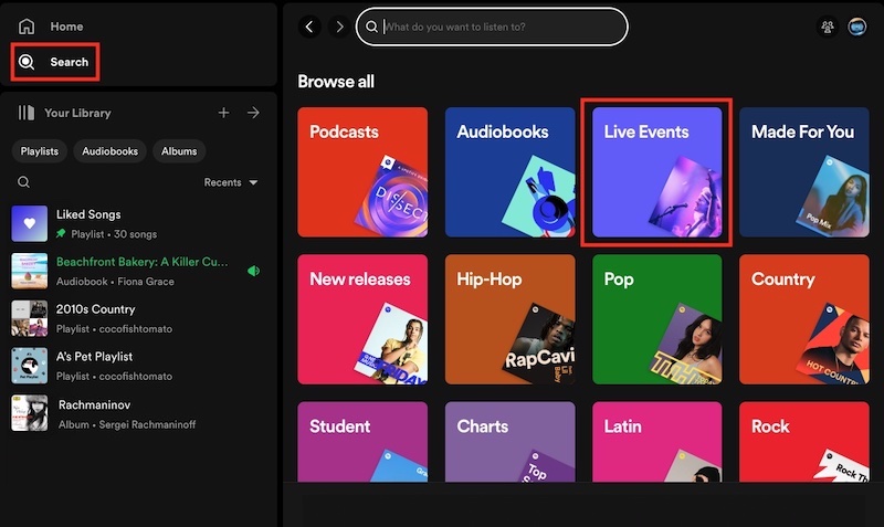 find live event spotify desktop app
